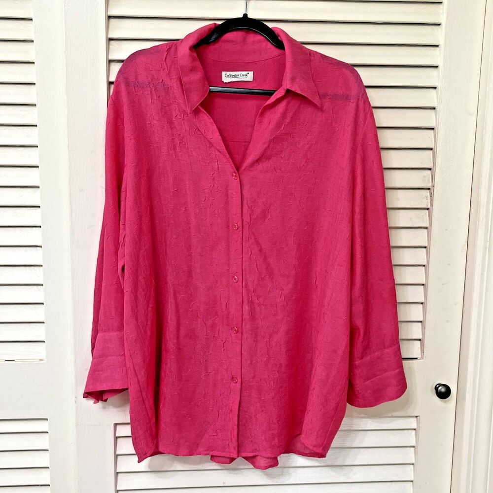 Coldwater Creek Womens 2X Fuchsia Crinkle Button Front Shirt 3/4 Sleeve